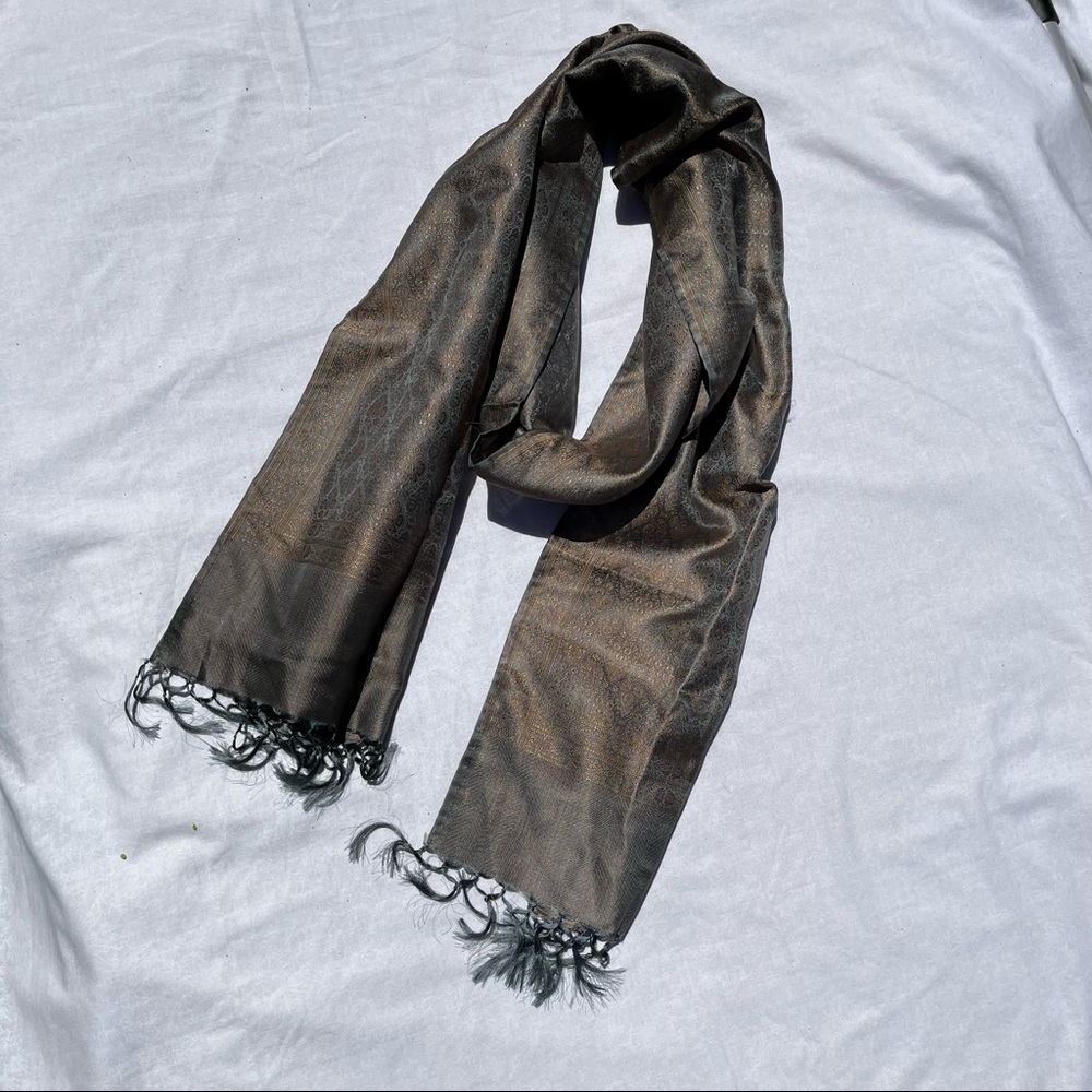 Silky Paisley Fringe Scarf in silver and brown